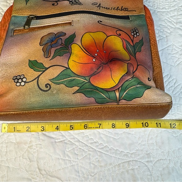 ANUSCHKA Shoulder Bag Satchel Leather Hand-Painted Butterfly Floral Signature - Picture 11 of 16